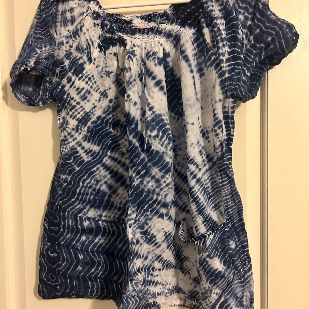 Koi Navy and White Tie-Dye Blouse